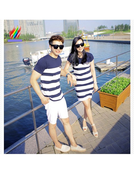 T-Shirts Couple T-Shirt Matching Lovers Clothes Female Male Top Honeymoon Holiday Beach Valentine Wear Blue Stripe Cotton Cou...