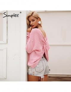 Pullovers V neck pearl women knitted sweater winter Casual long sleeve pullover Elegant back bow beading soft jumper pull fem...