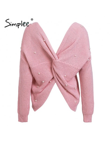 Pullovers V neck pearl women knitted sweater winter Casual long sleeve pullover Elegant back bow beading soft jumper pull fem...