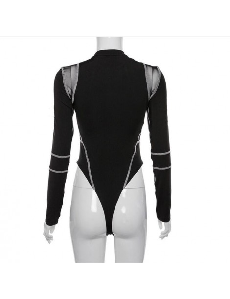 Bodysuits New women's mesh stitching print long-sleeved jumpsuit - Black - 4F4128281143 $11.06