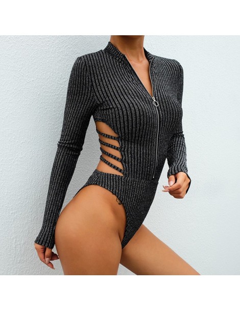 Bodysuits Sexy Backless Women Bodysuit Hollow Out Silver Cardigan Jumpsuits Women Long Sleeve Casual Bodysuits For Women Long...