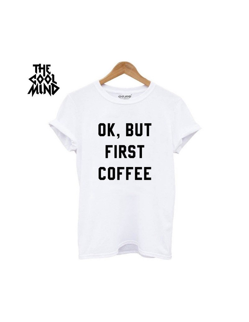 T-Shirts Casual O-Neck Knitted woman T-Shirt Quality Loose Cotton Short Sleeve ok but first coffee Printed Women T Shirt - BS...