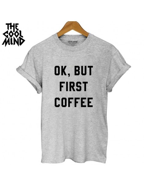 T-Shirts Casual O-Neck Knitted woman T-Shirt Quality Loose Cotton Short Sleeve ok but first coffee Printed Women T Shirt - BS...