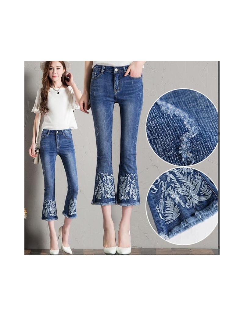 Jeans New 2019 Spring Summer Women's Casual Jeans Capris Vintage Floral Embroidery Pants Elastic Waist Tassel Denim Flare Pan...