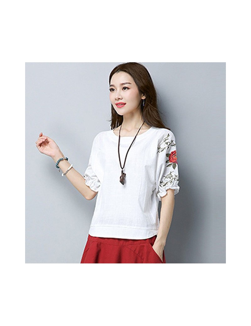 Batwing Sleeve Embroidery Blouse Women 100% Cotton Loose Summer Tops O neck Simple Casual Solid color White Tees Ladies Clot...