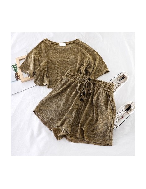Women's Sets Casual Sports Set Knit T-Shirt Wide Leg Shorts Two Piece Set Top And Pants Vintage Tee Tops Button High Waist Sh...