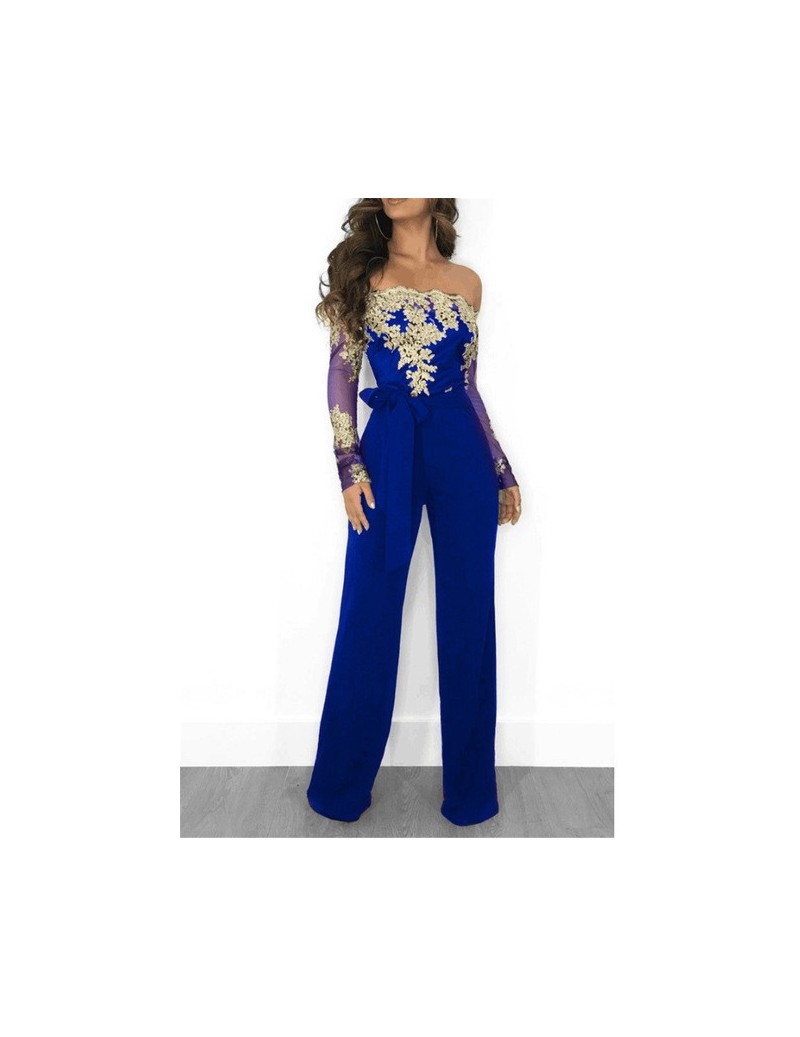 Sexy Off Shoulder Jumpsuit Sheer Mesh Long Sleeve Lace Patchwork Embroidery Floral Wide Pants Feminino Combinaison Femme - b...