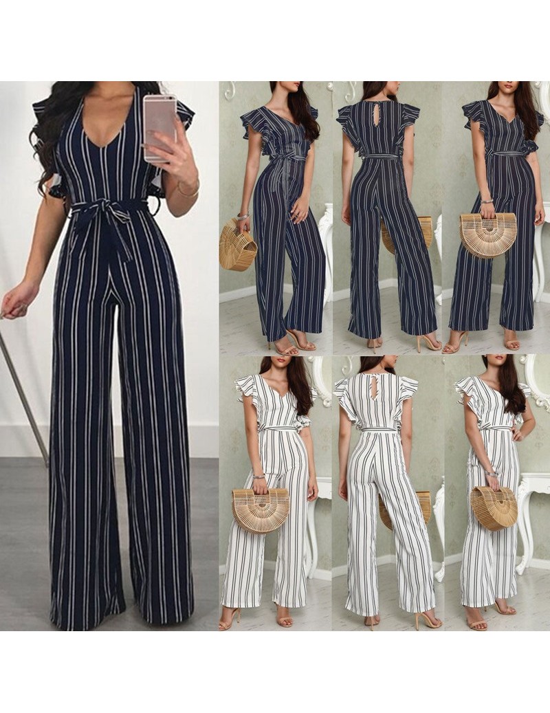 Two Color Striped Casual Playsuit Women 2018 Summer Sexy V Neck Sleeveless Boho Rompers Jumpsuit Beach Party Overalls - Blue...