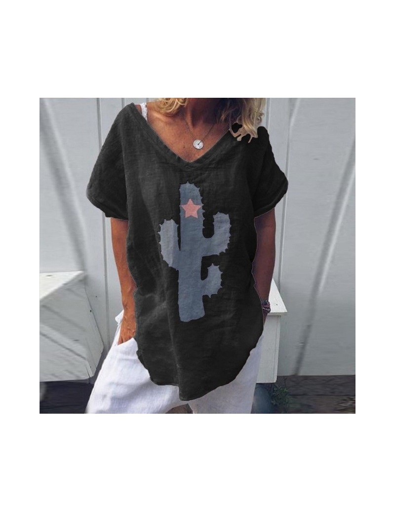 Blouses & Shirts 2019 Summer Cactus Print V-neck Women Beach Blouses Loose Plus Size Tops Short Sleeve Shirt Casual Streetwea...