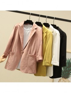 Blazers Women Cotton Linen 3/4 Sleeve Blazers Notched Casual Button Pocket Office Work Lady Jacket Coat Female Outerwear - YE...