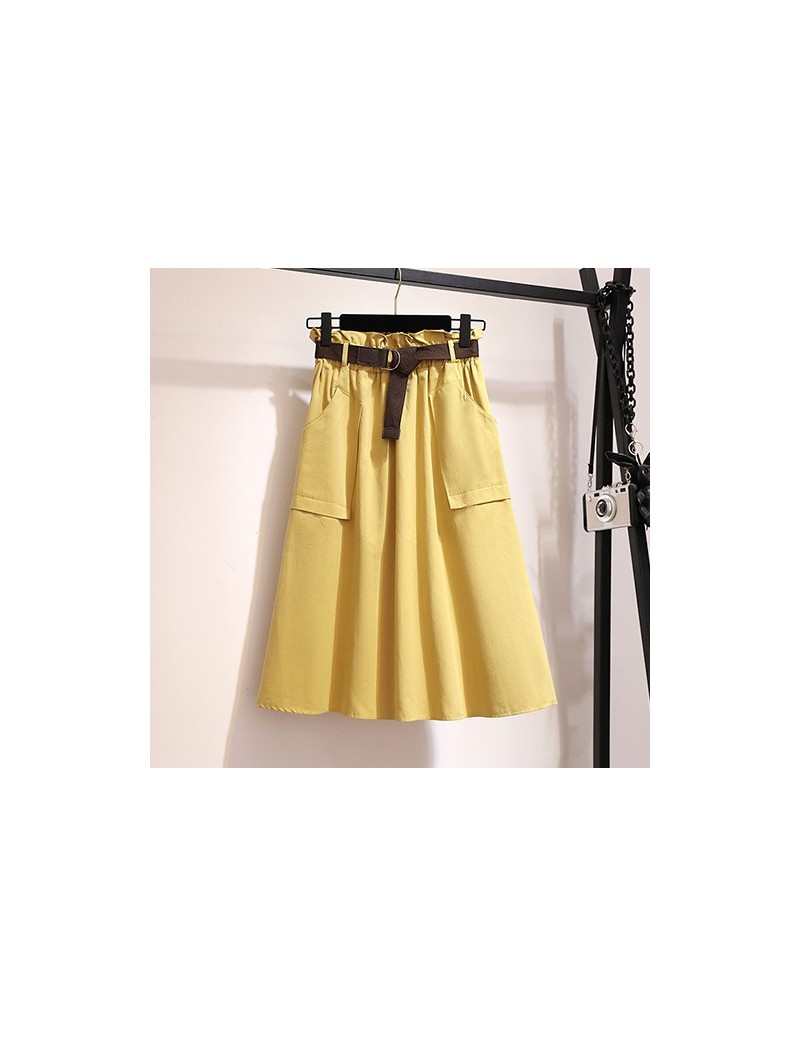 Skirts Midi Knee Length Summer Autumn Skirt Women No Belt Casual Cotton Solid High Waist Sun School Skirt Female - YELLOW - 4...