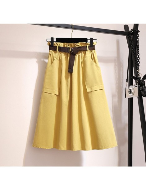 Skirts Midi Knee Length Summer Autumn Skirt Women No Belt Casual Cotton Solid High Waist Sun School Skirt Female - YELLOW - 4...