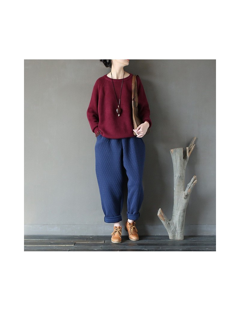 Vintage Pants 2019 New Women Autumn Winter Cotton Loose Thick Thermal Straight Casual 4 Colour Pants Elastic Waist - Navy Bl...