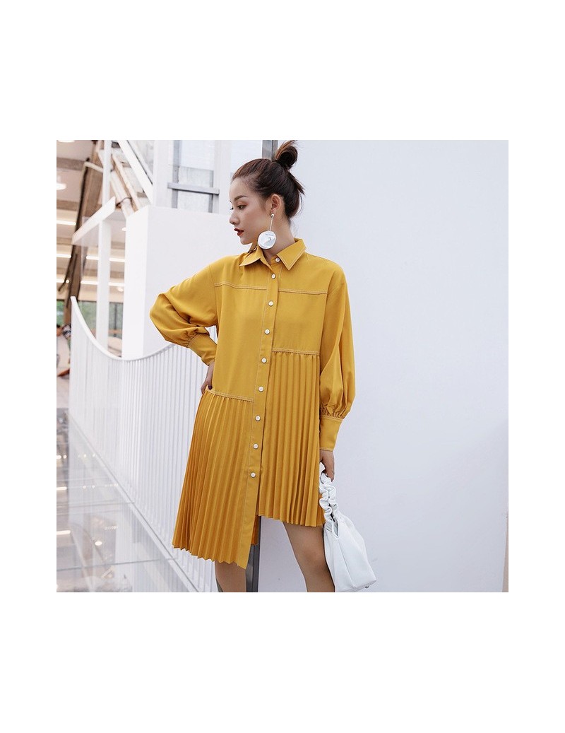 Women's Blouses Tops Female Lapel Lantern Sleeve Asymmetric Hem Yellow Pleated Blouse Korean Fashion Casual Clothes New - Ye...