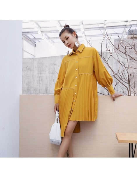 Blouses & Shirts Women's Blouses Tops Female Lapel Lantern Sleeve Asymmetric Hem Yellow Pleated Blouse Korean Fashion Casual ...