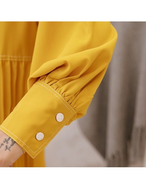 Blouses & Shirts Women's Blouses Tops Female Lapel Lantern Sleeve Asymmetric Hem Yellow Pleated Blouse Korean Fashion Casual ...