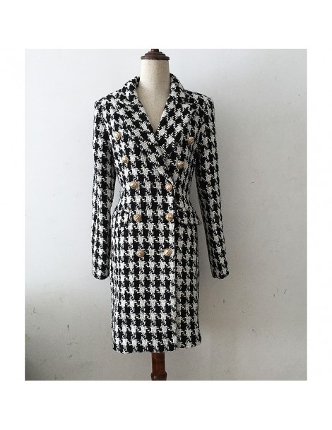 Wool & Blends HIGH QUALITY New Stylish 2018 Designer Wool Coat Women's Double Breasted Lion Buttons Houndstooth Tweed Long Co...