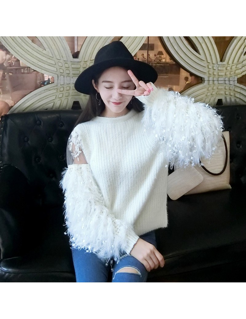 Sexy Open Shoulder Sweater 2017 Women lace strapless tassel sweater o-neck short design pullover top Faux feather sleeve - B...