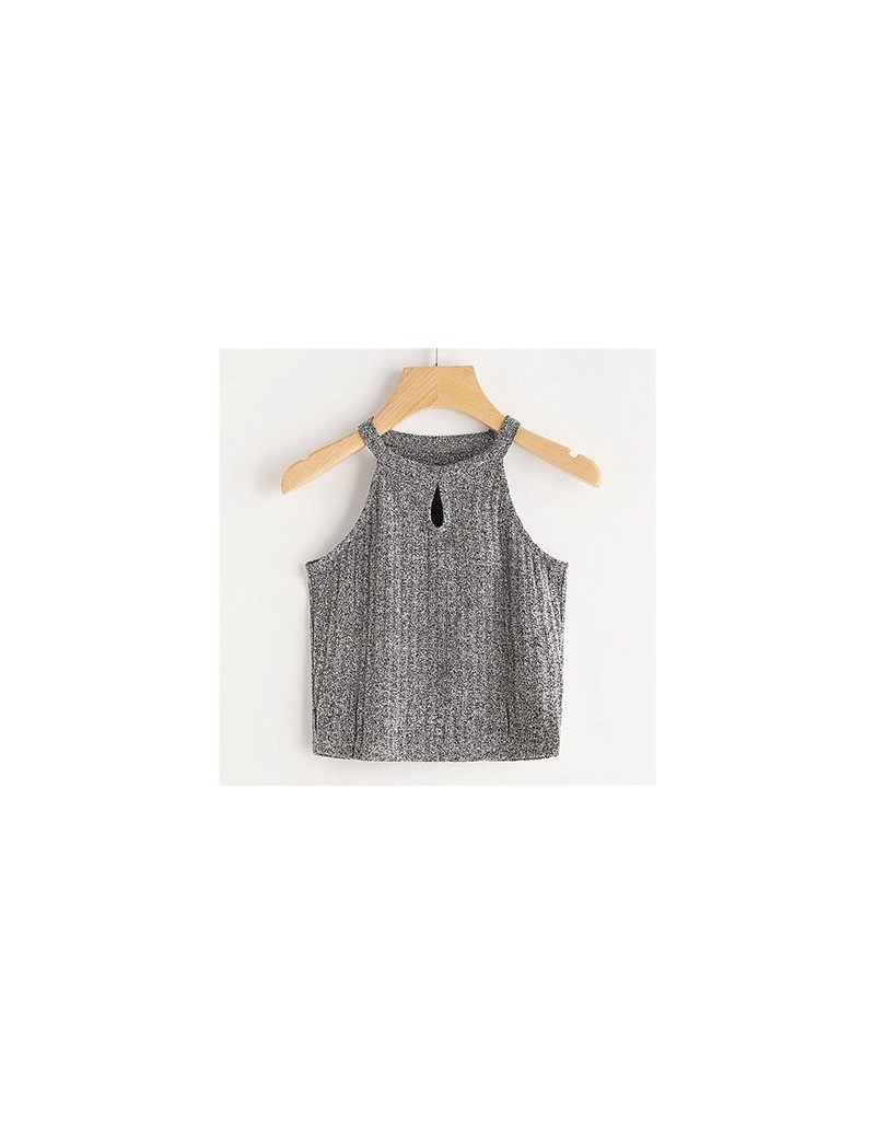 Space Dye Keyhole Front Knit Woman Clothing 2018 New Arrival Summer Hollow Grey Plain Casual Tank Stretchy Vest - Gray - 4K3...