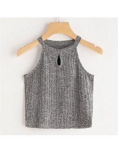 Tank Tops Space Dye Keyhole Front Knit Woman Clothing 2018 New Arrival Summer Hollow Grey Plain Casual Tank Stretchy Vest - G...
