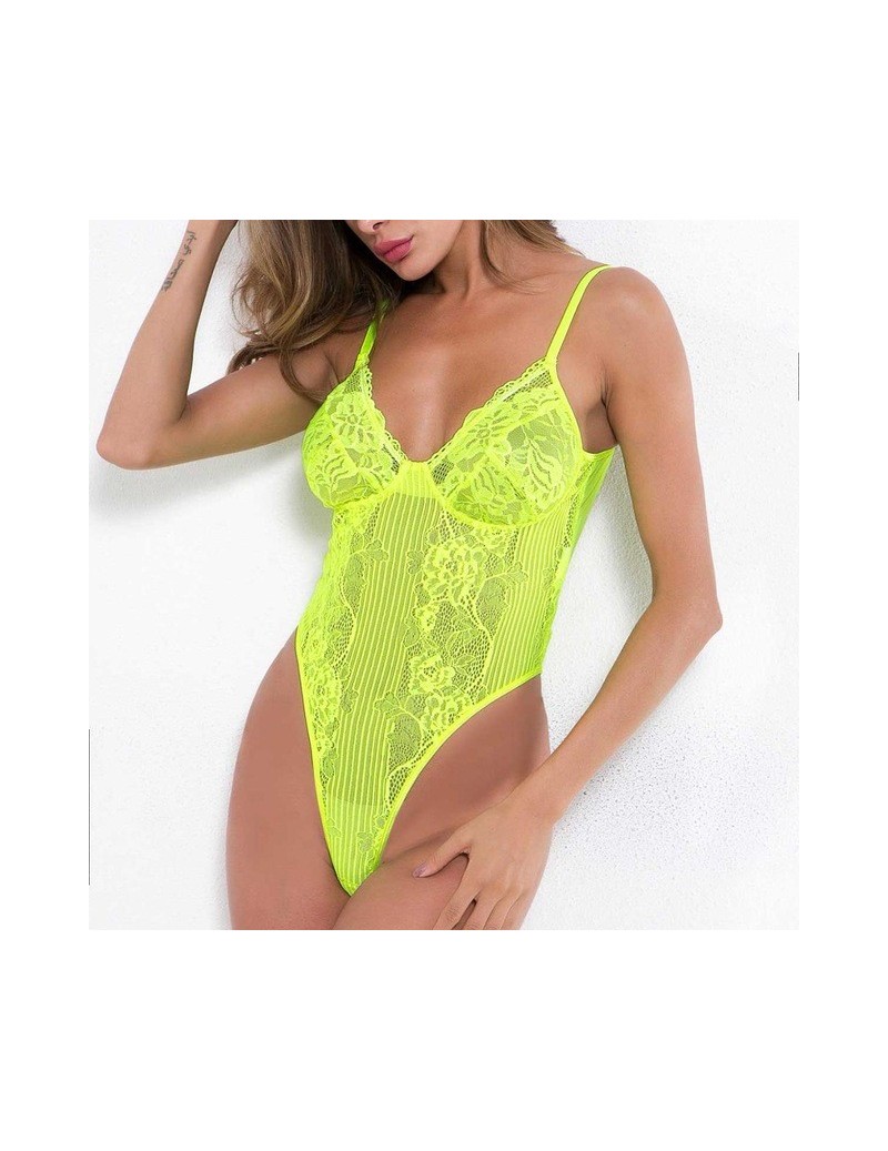 Bodysuits Neon Pink Classic Sheer Lace Bodysuit Women Sexy Backless Mesh Straps Jumpsuit High-Cut Body Suits Thong Hot Sale -...