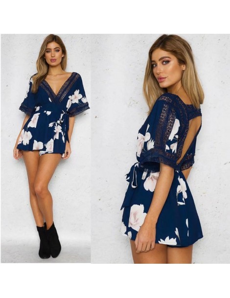 Rompers Short Sleeve Floral Summer Playsuit Blue Lace Hollow Out Backless Jumpsuit Women V neck Beach Boho Elegant Rompers 34...
