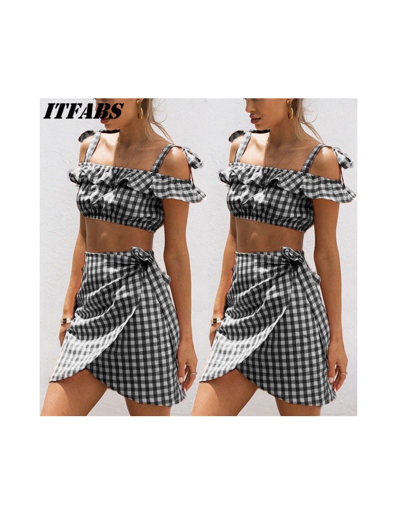 Women's Sets Fashion Two piece set Women Boho Summer Beach checkerboard gingham Crop Top Party Short Mini Skirts Casual 2 pie...