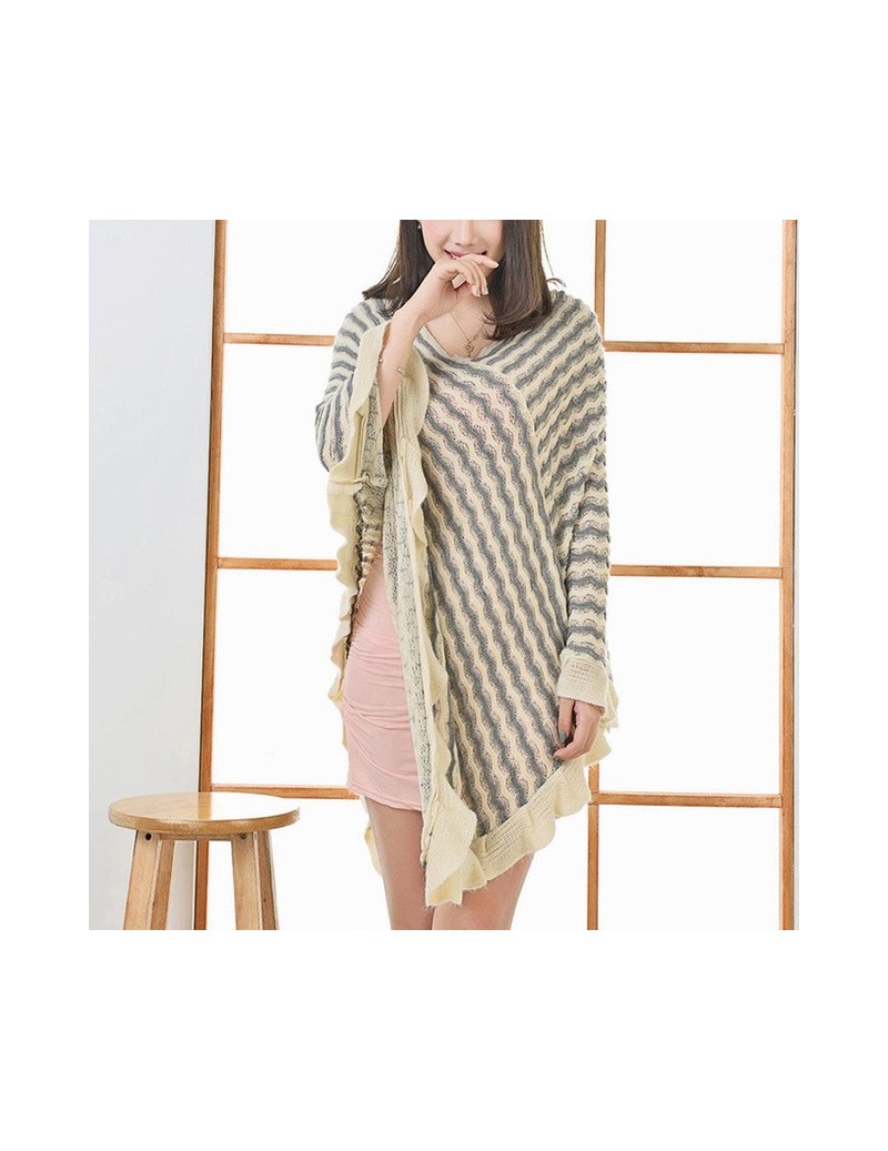 Women Poncho Sweaters Autumn Tricot Wave Striped Capes Oversized Knitted Batwing Sleeve Ruffles Shawl Hnitted Sweater Sueter...