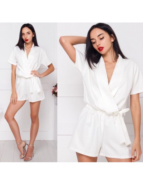 2019 Summer New Fashion Short Sleeved Belt Women Rompers Solid Color Sexy V-Neck Chiffon Jumpsuit Casual Boho Beach Playsuit...