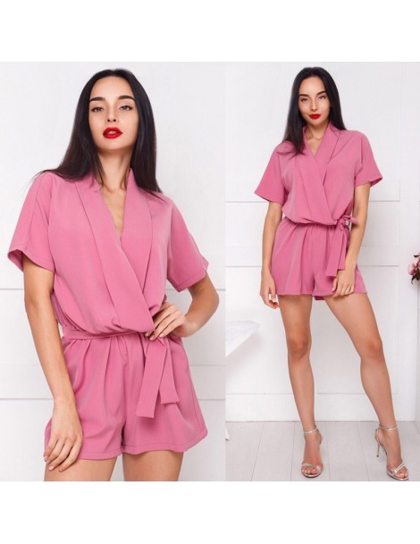 Rompers 2019 Summer New Fashion Short Sleeved Belt Women Rompers Solid Color Sexy V-Neck Chiffon Jumpsuit Casual Boho Beach P...