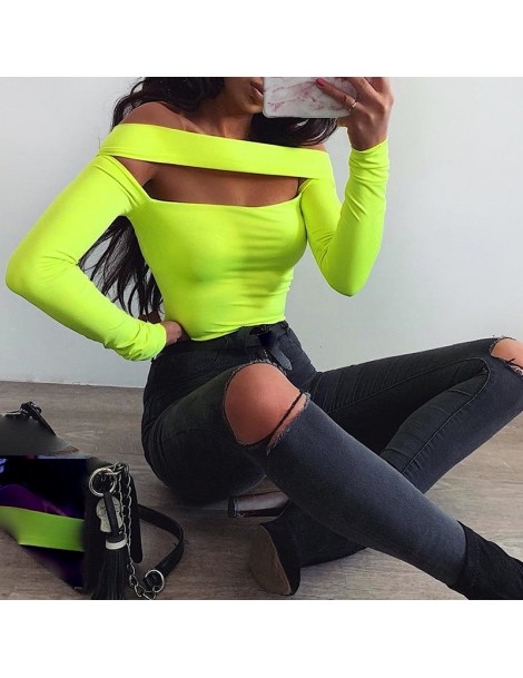 Bodysuits Fluorescent Strapless Women Summer Sexy One-shoulder Long Sleeve Bodysuit Casual Rompers Solid Color Slim Overalls ...