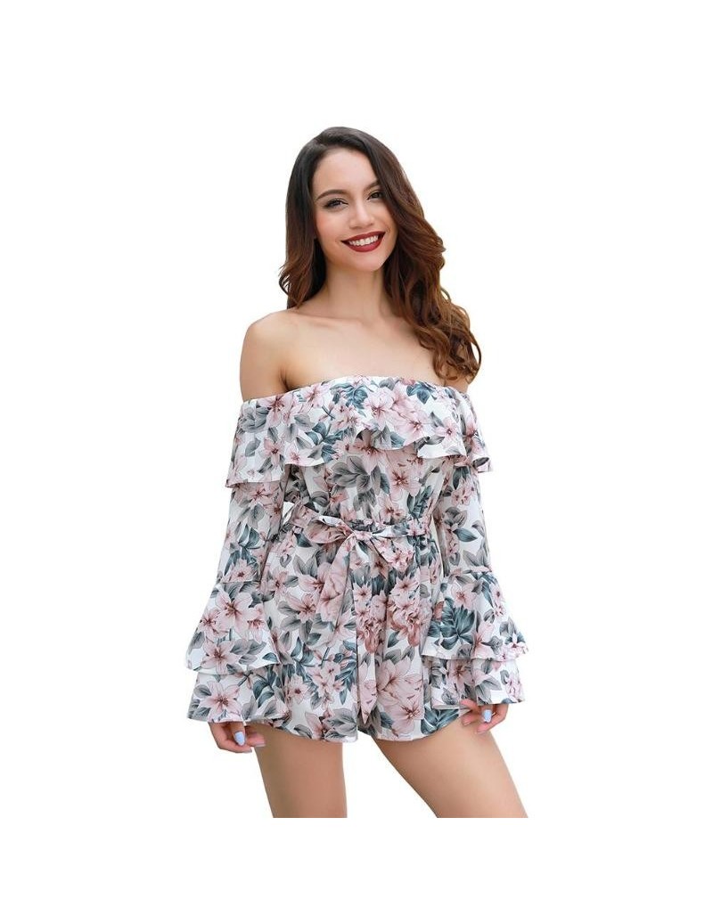 Rompers Women Flower Printing Playsuit 2018 Summer Fashion Off Shoulder Flare Sleeve Overalls Girls Shorts Belt Rompers Mini ...