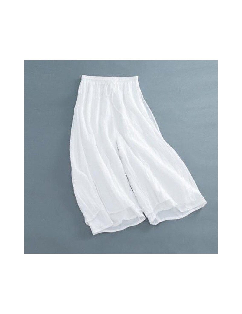 Pants & Capris 2019 summer women's black casual loose Wide Leg Pants white Vintage Cotton Linen Capris Elastic High waist Ple...