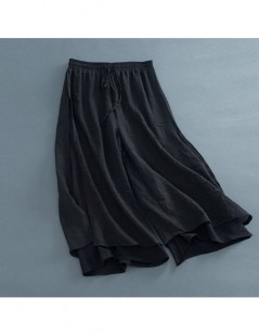Pants & Capris 2019 summer women's black casual loose Wide Leg Pants white Vintage Cotton Linen Capris Elastic High waist Ple...