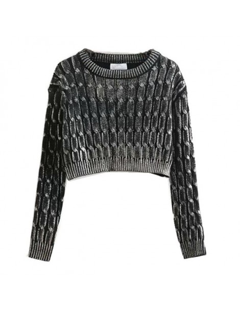 Pullovers 2019 New Vintage Bronzing Golden Black Gray Color Short Sweater Retro Cable Twist Knit Ribbed Panel Jumper Women Kn...