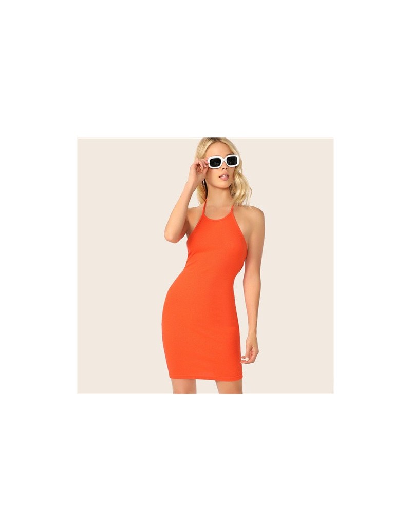 Dresses Neon Orange Rib-knit Backless Halter Dress Women Summer Bodycon Mini Dresses 2019 Summer Slim Solid Sexy Dress - Neon...