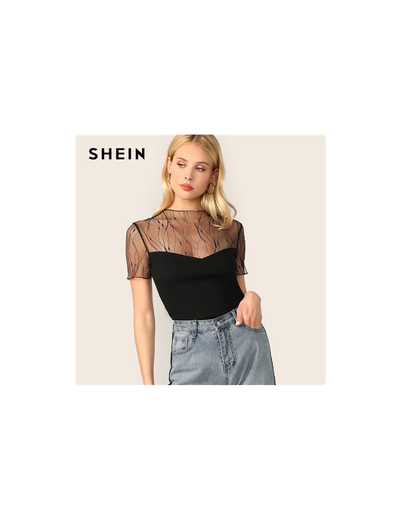Contrast Mesh Yoke Rib-Knit Sheer Top Elegant Women Black Solid Slim Fit Stand Collar Tops Summer Short Sleeve Tshirt - Blac...