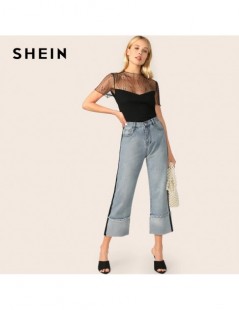 T-Shirts Contrast Mesh Yoke Rib-Knit Sheer Top Elegant Women Black Solid Slim Fit Stand Collar Tops Summer Short Sleeve Tshir...