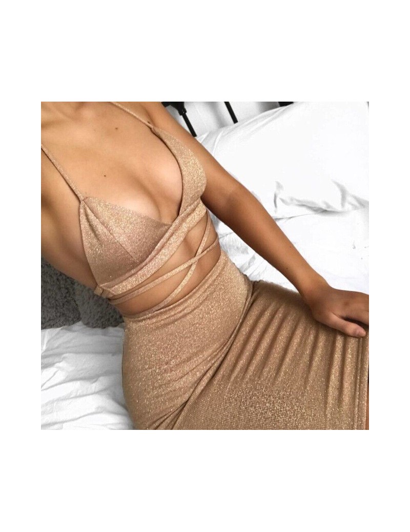 Dresses Hot Sexy Women Summer Hollow Out Bandage Crop Tops Dress Sexy Ladies Sleveless Evening Party Clothes - Champagne - 4R...