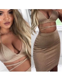 Dresses Hot Sexy Women Summer Hollow Out Bandage Crop Tops Dress Sexy Ladies Sleveless Evening Party Clothes - Champagne - 4R...