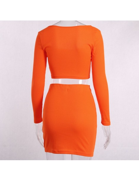 Women's Sets Slash Neck Neon Orange Knit Crop Top Skirt Sets Women Party Casual 2 Piece Set Long Sleeve Tee & Tube Skirt 2019...