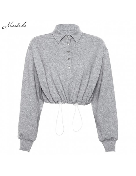 Hoodies & Sweatshirts Women Turn-down Collar Button Loose Sweatshirts Long Sleeve Bottom Drawstring Basic Pullovers Lady Soli...
