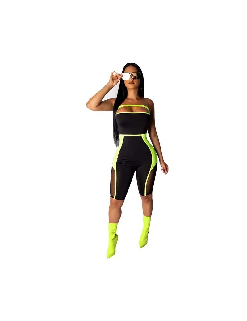 Rompers Sexy Cut Out Net Yarn Sleeveless Fluorescence Skinny Romper Stylish Mesh Patchwork One Piece Short Jumpsuit Overalls ...