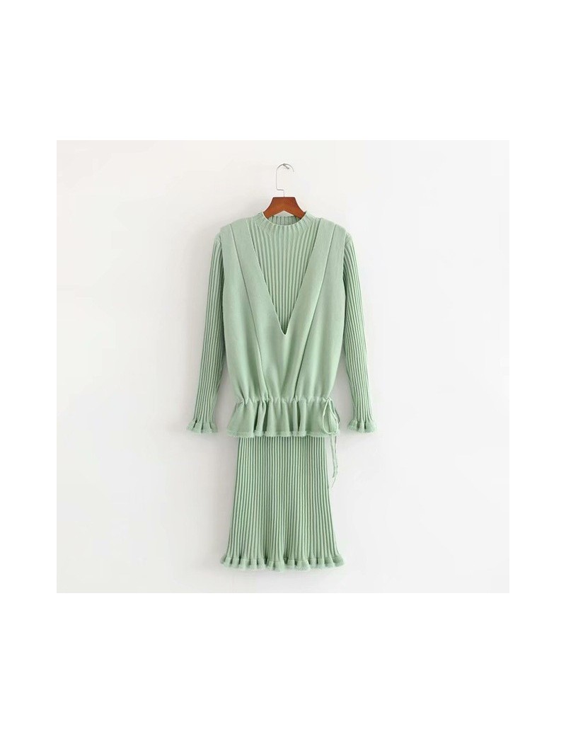 Women's Sets Green/Black Solid Women Sets Sleeveless Vest&Midi Dress Sets Mature Office Lady Split Dress Autumn New Women Clo...