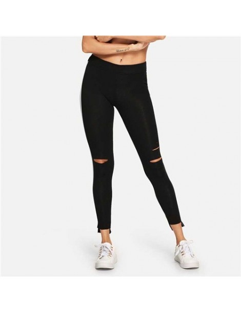Black Striped Side Ripped Fitness Leggings Women Workout Stretchy Leggings 2018 Autumn Casual Pants And Bottoms - Black - 4Q...