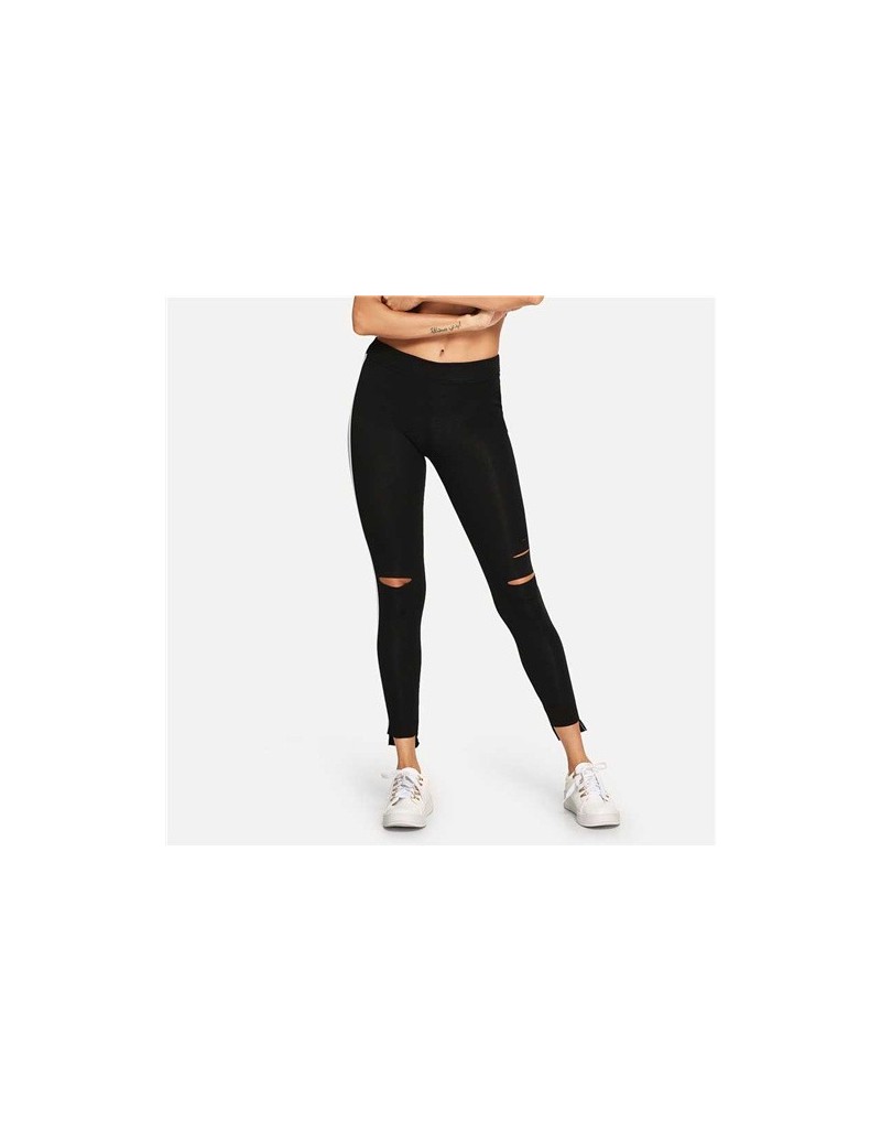 Leggings Black Striped Side Ripped Fitness Leggings Women Workout Stretchy Leggings 2018 Autumn Casual Pants And Bottoms - Bl...