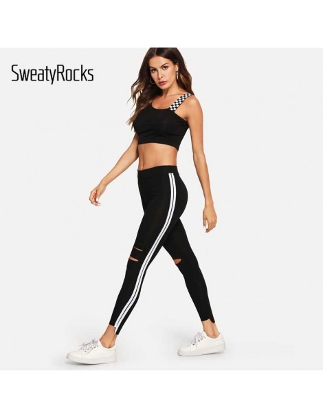 Leggings Black Striped Side Ripped Fitness Leggings Women Workout Stretchy Leggings 2018 Autumn Casual Pants And Bottoms - Bl...