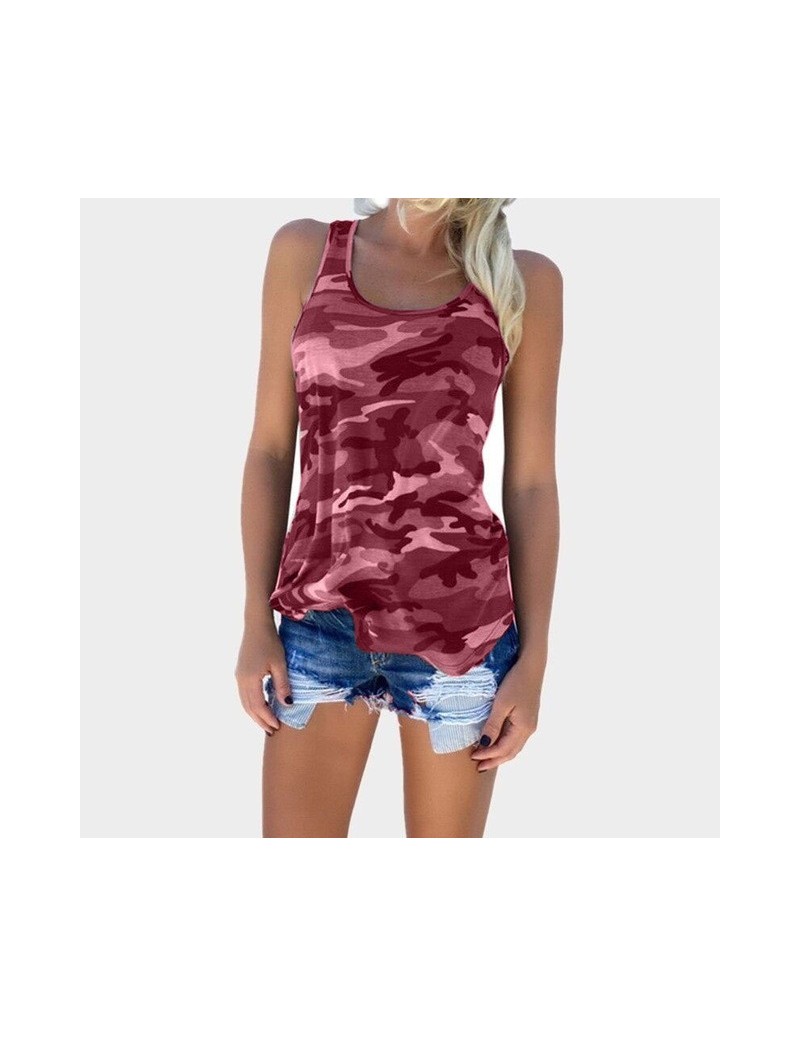 Summer For Women Print T Shirt Sleeveless Tank Top Bandage Casual Tops Camisole Female Halter Tank Top - Wine red - 4S304675...