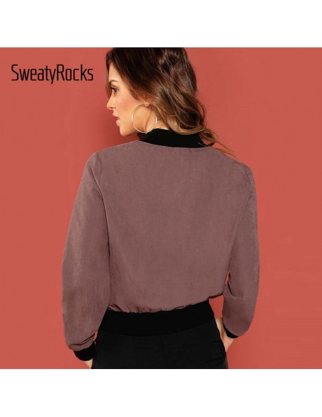 Jackets Burgundy Zip Up Flap Pocket Bomber Jacket Stand Collar Streetwear Cool Girl Crop Tops Autumn Women Coat And Jackets -...
