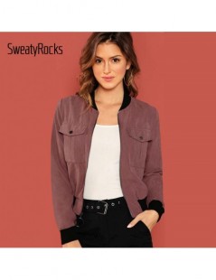 Jackets Burgundy Zip Up Flap Pocket Bomber Jacket Stand Collar Streetwear Cool Girl Crop Tops Autumn Women Coat And Jackets -...